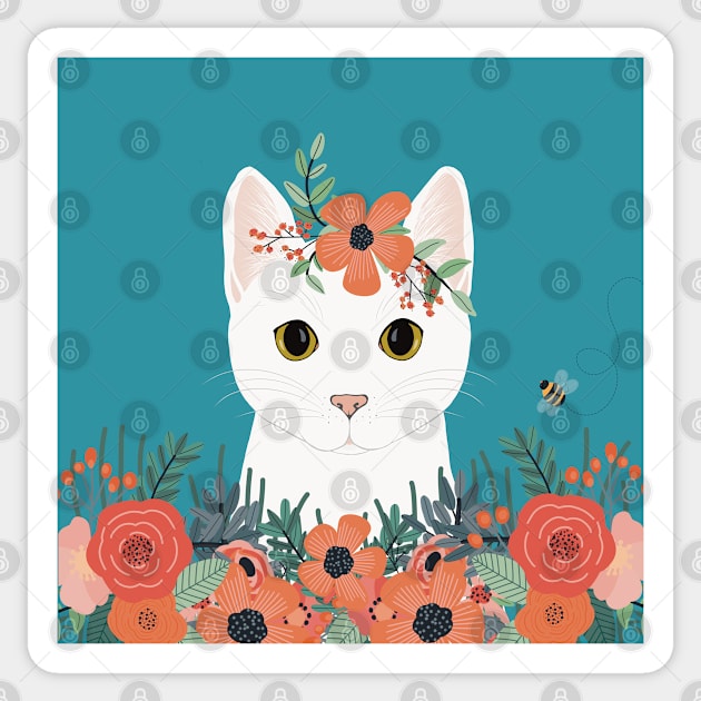 The cute white cat queen is watching you from the flowerbed Sticker by marina63